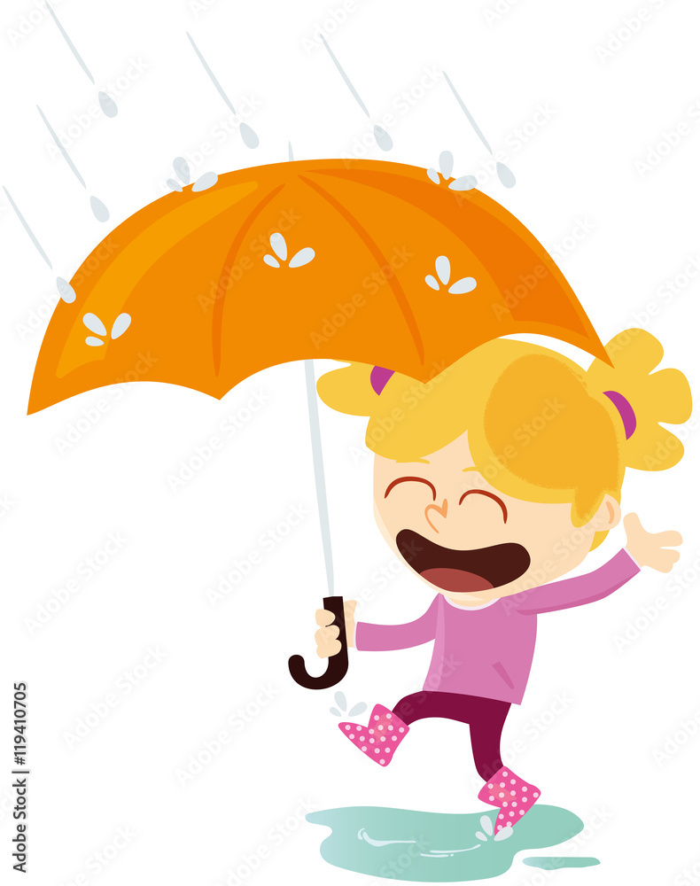 fillette jouant sous la pluie