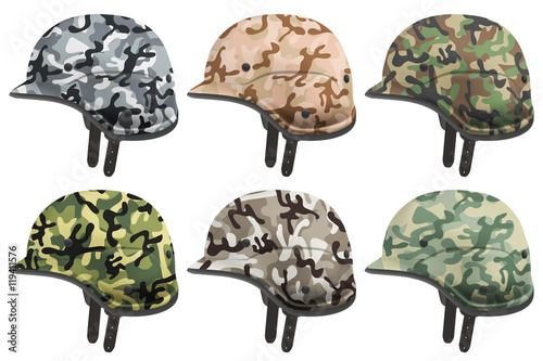 Set of Military modern camouflage helmets. Side view.