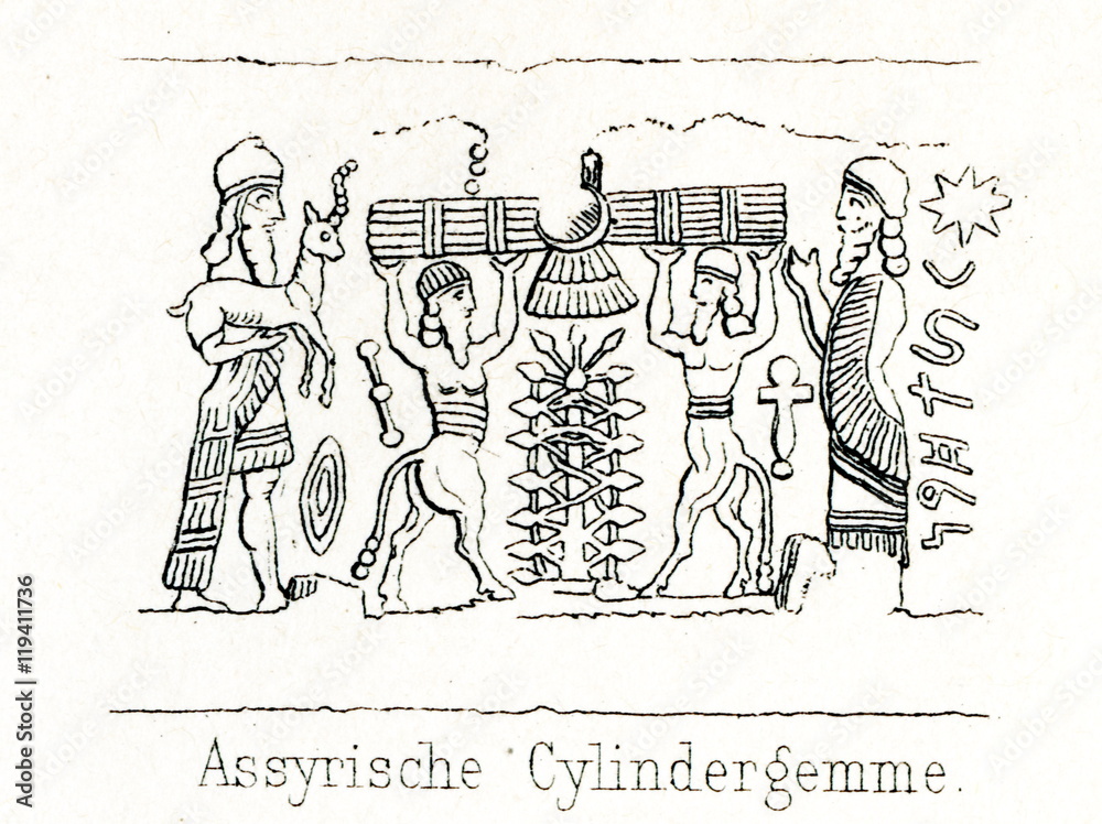 Assyrian cylinder seal - offering sacrifice (from Meyers Lexikon, 1895, 7/286-7)