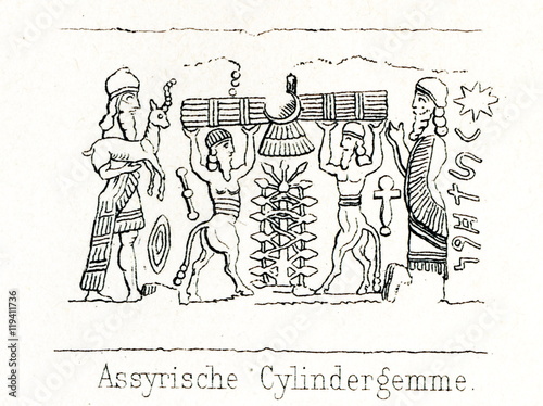 Obraz na płótnie Assyrian cylinder seal - offering sacrifice (from Meyers Lexikon, 1895, 7/286-7) w salonie