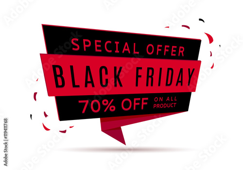 Black Friday sale web banner. Red discount and promotion sign. Vector advertising label. Red and black tag for retail.