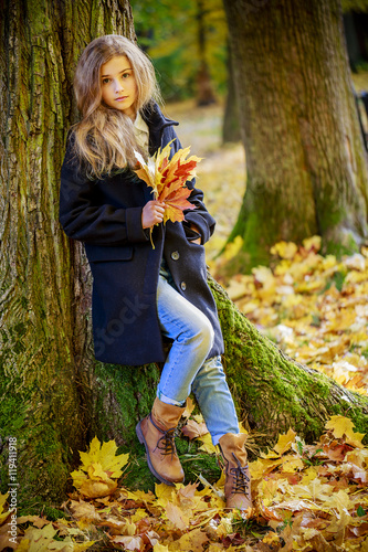 Portrait of a beautiful teenage girl with long hair in autumn park.  