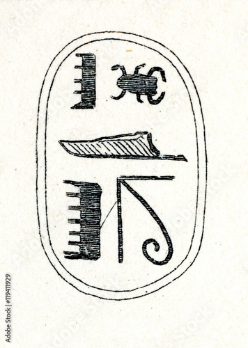 Flat base of egyptian scarab amulet, inscribed with name of Thutmose III (from Meyers Lexikon, 1895, 7/286-7)