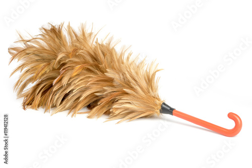 Feather soft duster with plastic handle on white background