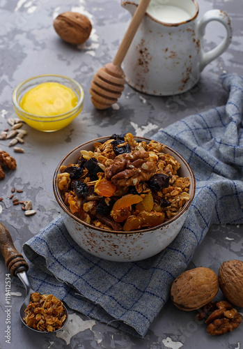 Granola with nuts and dried fruit.