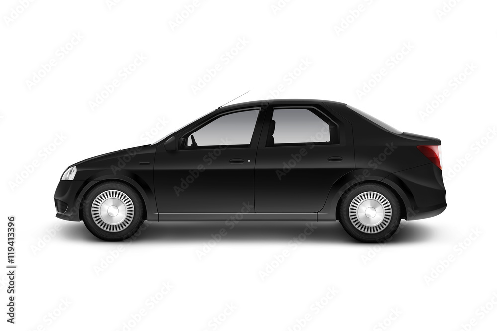 Blank black car design mockup, isolated, side view, clipping path, 3d illustration. Clear auto body mock up profile. Plain vechicle branding template. Sedan motor car presentation. Simple city machine