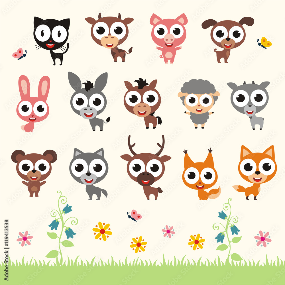Naklejka premium Vector set isolated smile animals. Collection cute animals in cartoon style. Little animals in children's style.