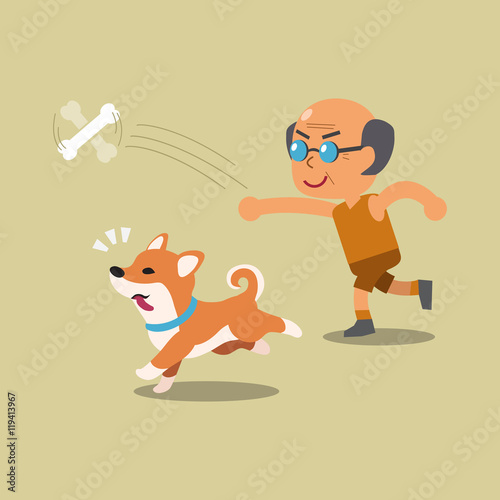 Cartoon senior man playing with his shiba inu dog