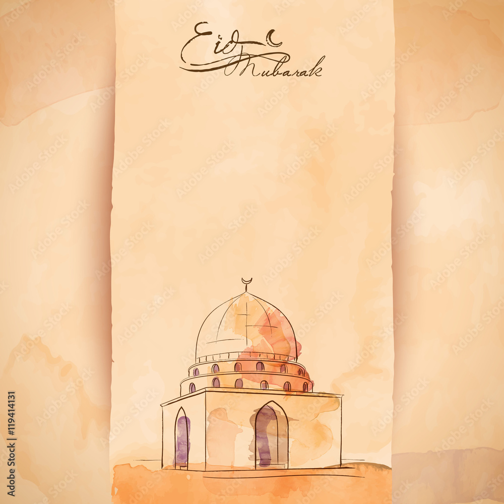 Eid Mubarak greeting banner background islamic mosque watercolor and ink  sketch Stock Vector | Adobe Stock