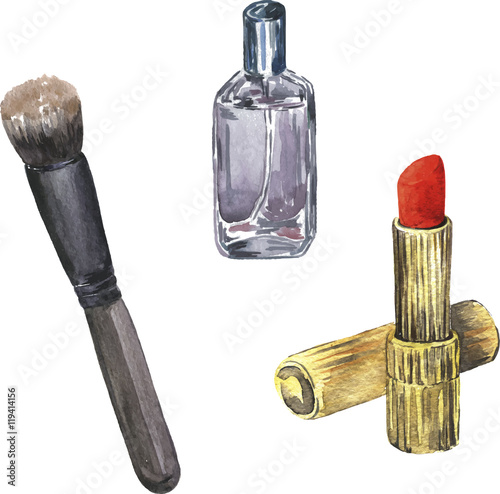 Set of lipstick, powder brush and bottle of perfume painted by watercolor. Hand drawn vector illustration.