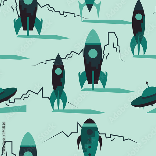 Seamless pattern with vintage rockets in space