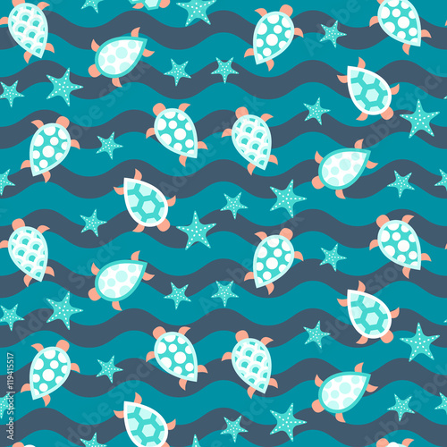 Seamless pattern with cute different turtles