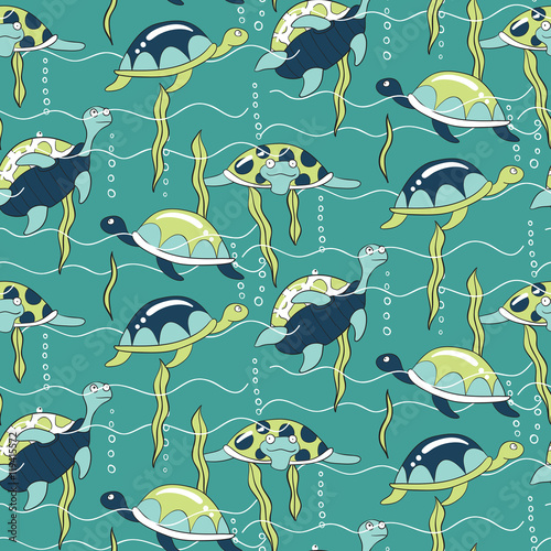 Seamless pattern with cute different turtles