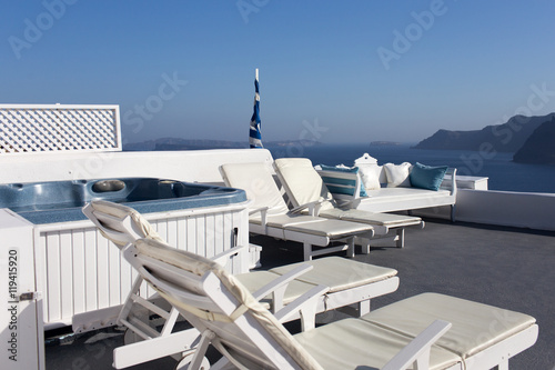 Sunbathing area with a beautiful view of the sea and mountains