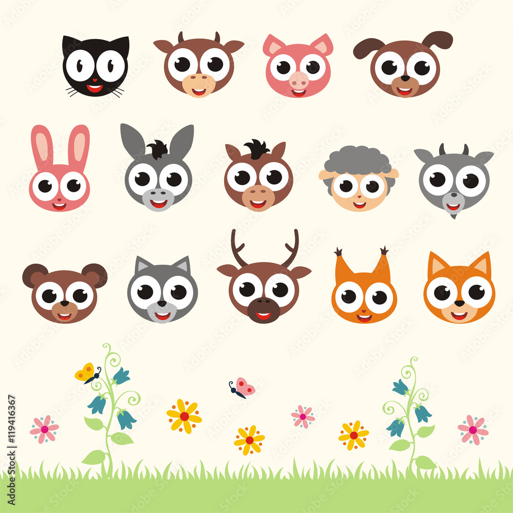 Big vector set animal faces. Collection of cute baby animals in cartoon style. Isolated smiling animals. Big vector set animal faces. Collection of cute baby animals in cartoon style. Isolated smiling animals.