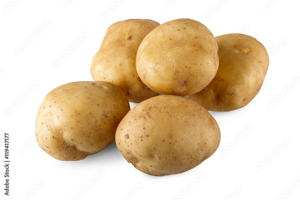 Stack of raw potatoes closeup isolated on white background Stack of raw potatoes closeup isolated on white background