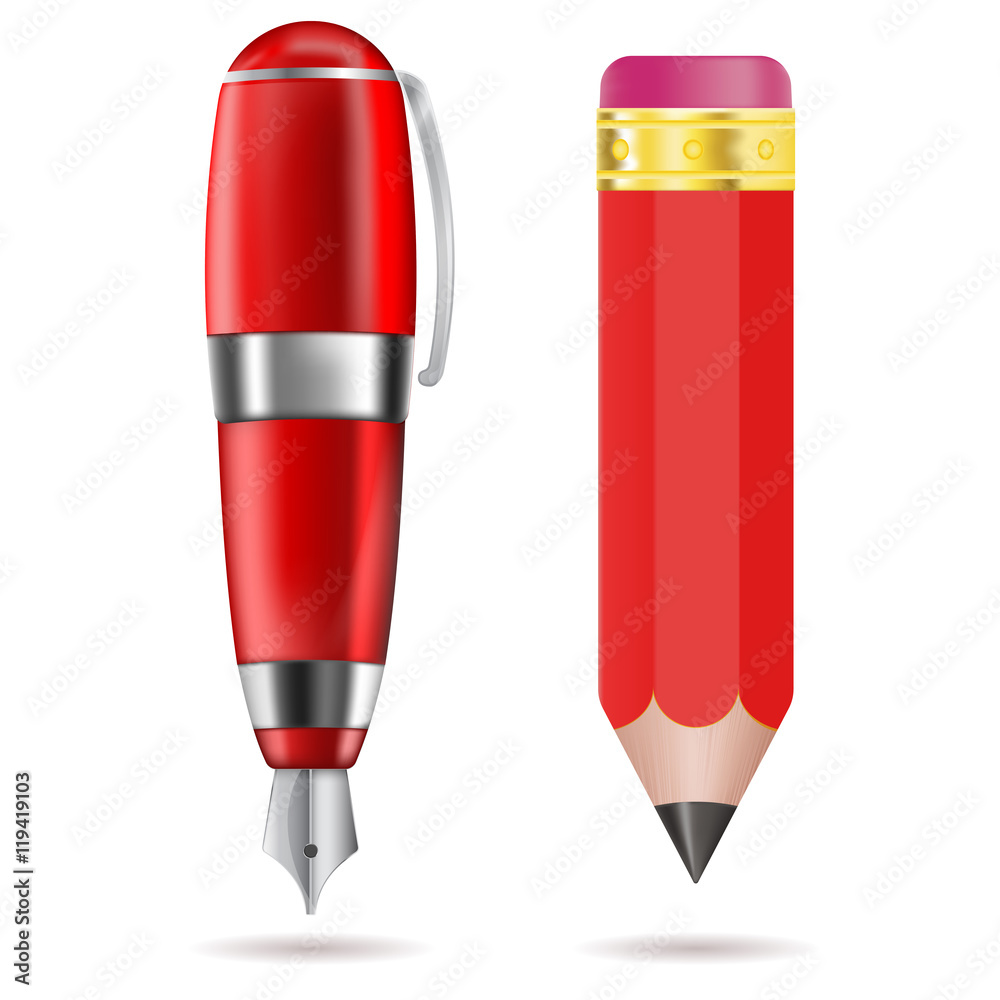 Fountain pen and pencil. Red writing tools Fountain pen and pencil. Red writing tools