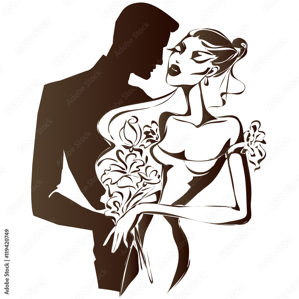 Wedding couple, happy bride and groom, color silhouette, vector Wedding couple, happy bride and groom, color silhouette, vector