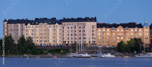 View of buildings and harbour in the northern side of Katajanokka, Helsinki, Finland.