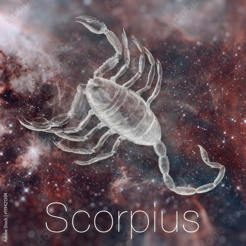 Astrological zodiac sign - Scorpius. Vintage astrological drawing. Galaxy sky on the background. Can be used for horoscopes. Elements of this image furnished by NASA. photo