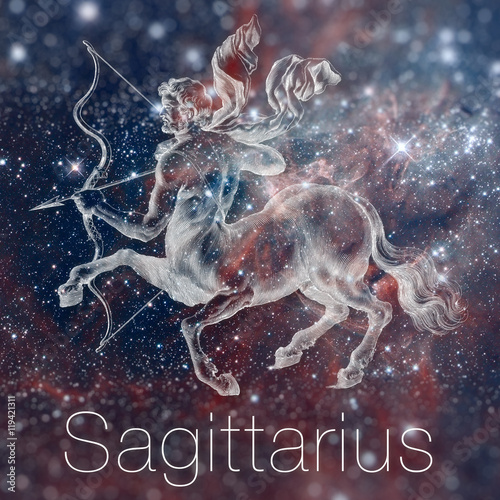 Astrological zodiac sign - Sagittarius. Vintage astrological drawing. Galaxy sky on the background. Can be used for horoscopes. Elements of this image furnished by NASA. photo