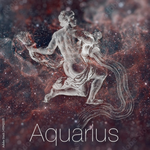 Astrological zodiac sign - Aquarius. Vintage astrological drawing. Galaxy sky on the background. Can be used for horoscopes.