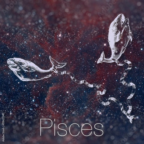 Astrological zodiac sign - Pisces. Vintage astrological drawing. Galaxy sky on the background. Can be used for horoscopes. Elements of this image furnished by NASA.