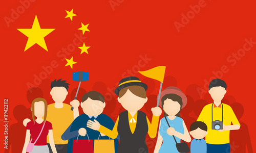 Chinese tourists and tour guide, Inbound tourism, vector illustration