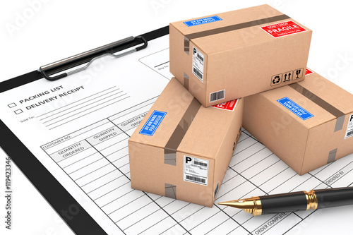 Cardboard Parcel Package over Delivery Note. 3d Rendering photo