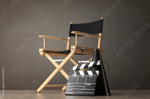Director Chair, Movie Clapper and Megaphone. 3d Rendering photo