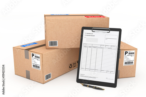 Cardboard Parcel Package with Delivery Note. 3d Rendering