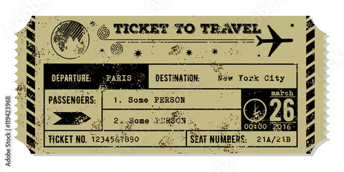 Vintage grungy airplane ticket. Travel concept.