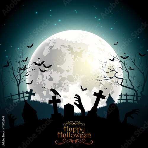 Halloween background with zombie hands on the full moon