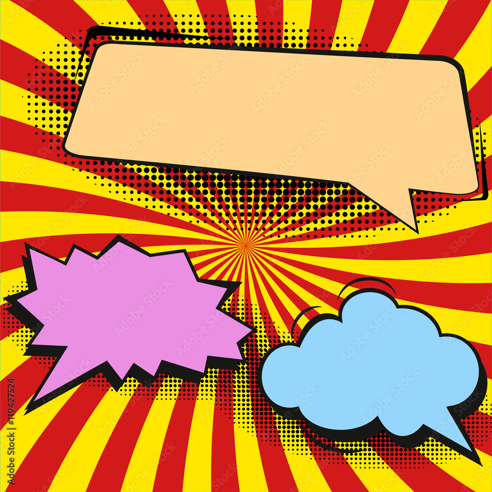 Comic speech bubbles and comic strip on colorful halftone background illustration