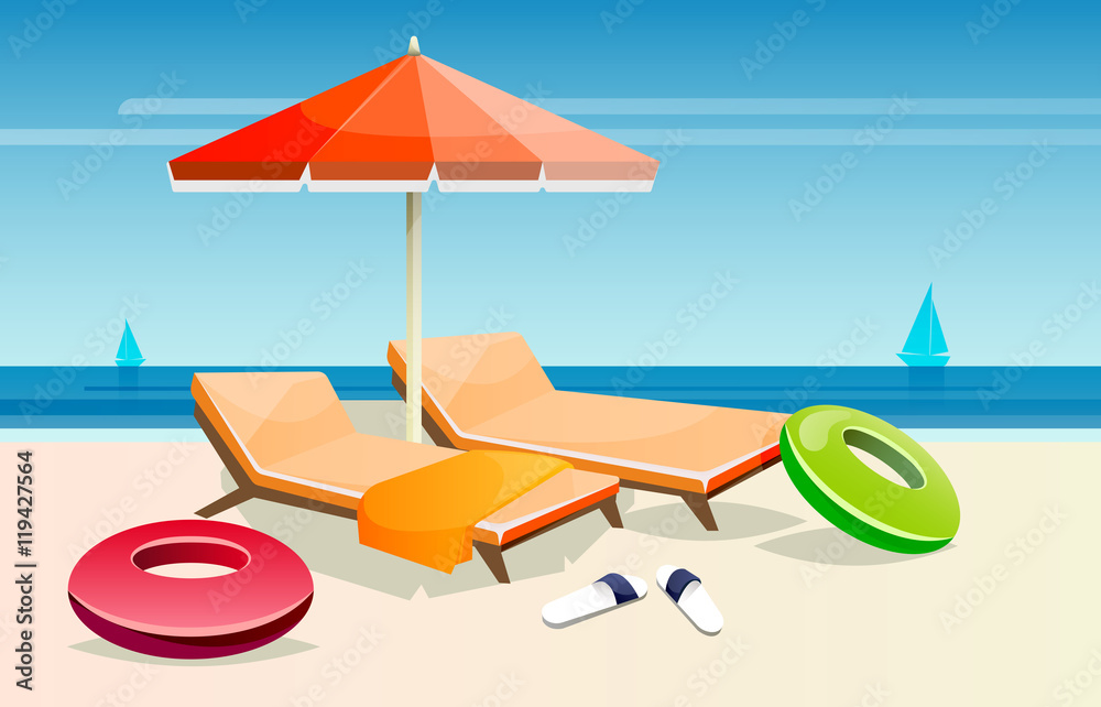 Summertime sunny beach with umbrella and lounge
