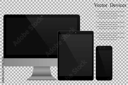Set of realistic computer monitors, tablets and mobile phones. Electronic gadgets on isolated background
