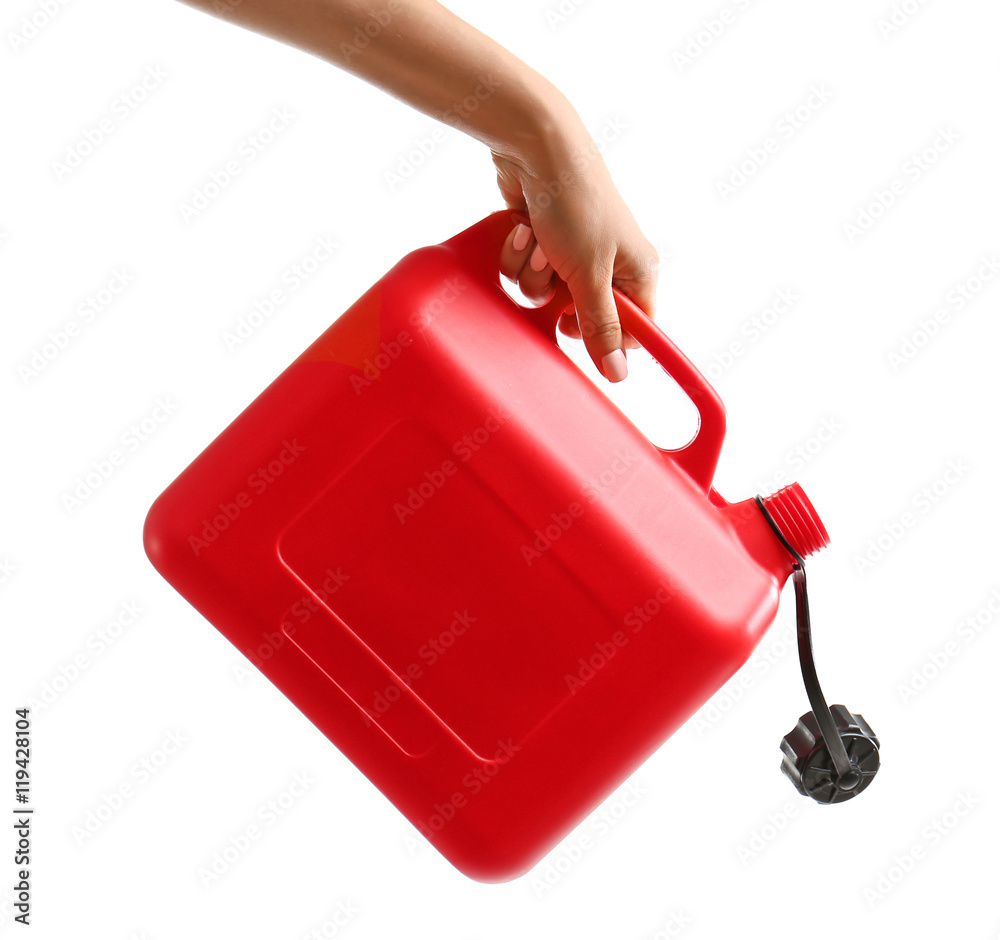 Fototapeta premium Hand holding jerrycan isolated on white
