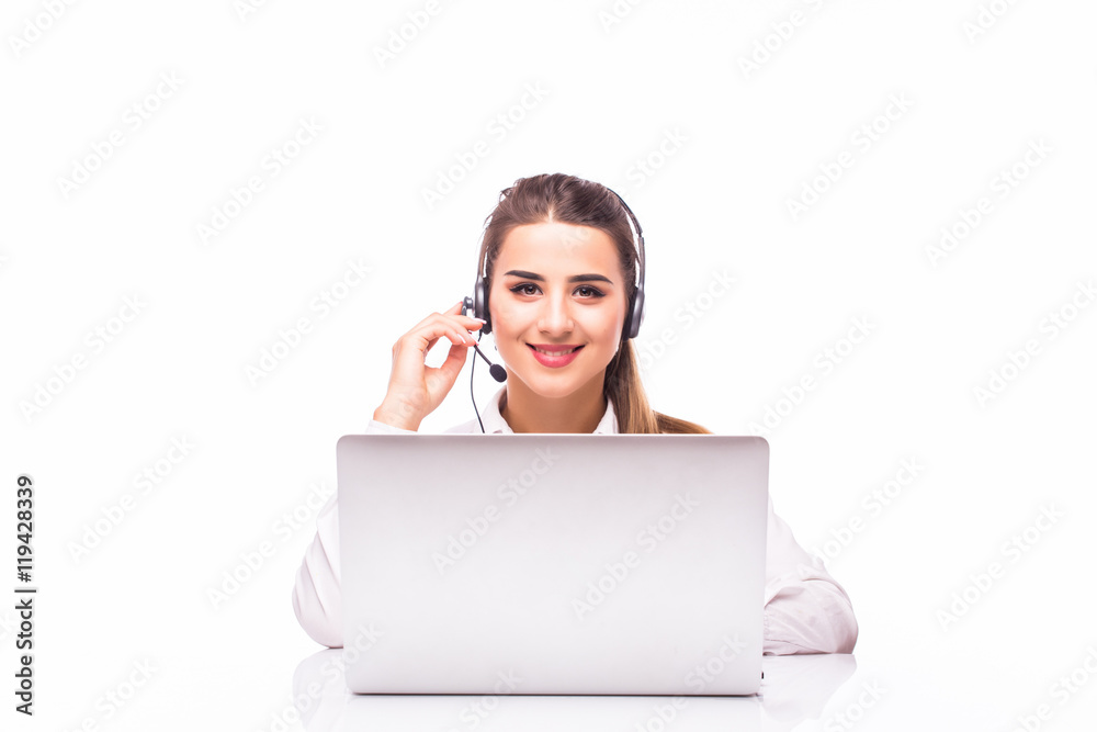 young woman working in office with laptop and headphones, customer service and call center. young woman working in office with laptop and headphones, customer service and call center.