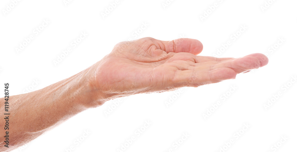 Old man  hand on a white background