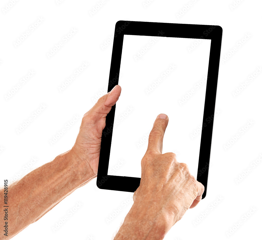 Old man holding tablet on a white background Old man holding tablet on a white background