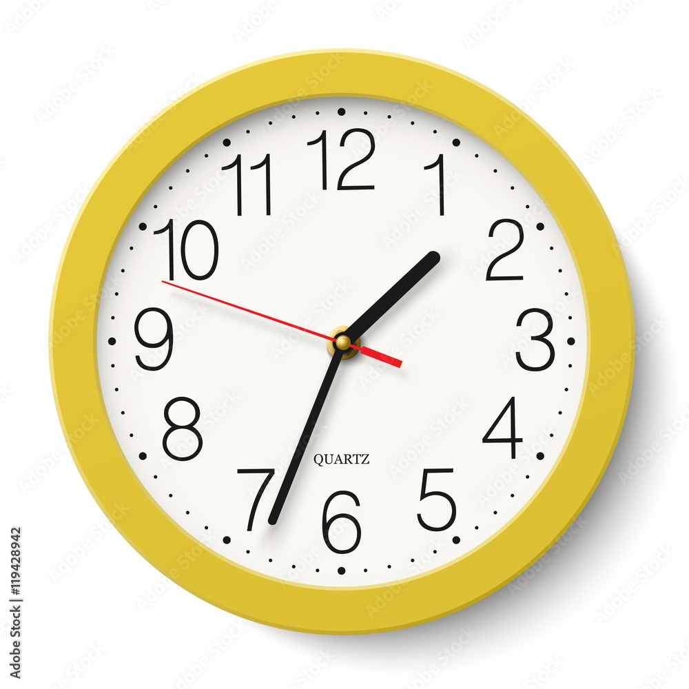 Classic round wall clock in yellow body isolated on white Classic round wall clock in yellow body isolated on white