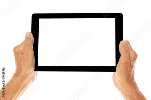 Old man holding tablet on a white background