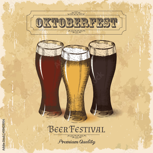 Poster with different types of beer. Oktoberfest sketch, freehand drawing.