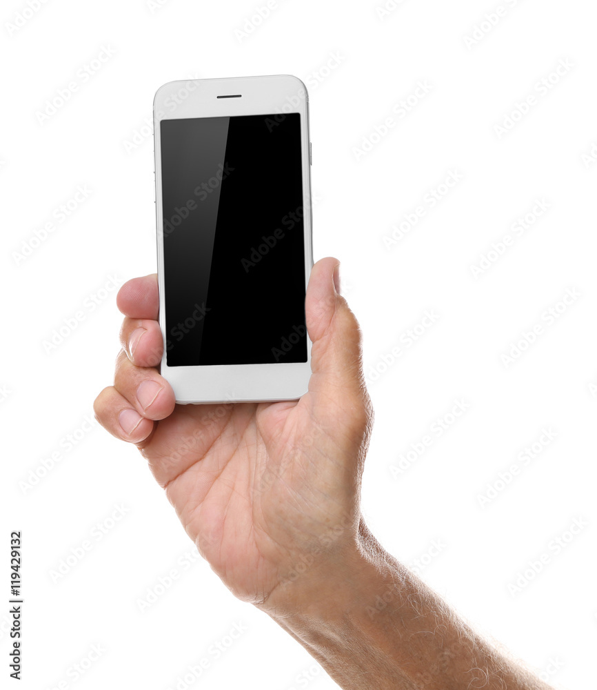 Old man holding smartphone on a white background Old man holding smartphone on a white background