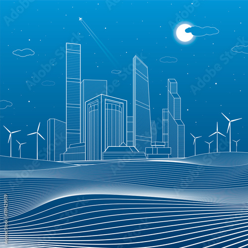 Business center in the sand mountain, architecture and urban illustration, neon city, white lines composition, skyscrapers and towers, wind turbines, vector design art