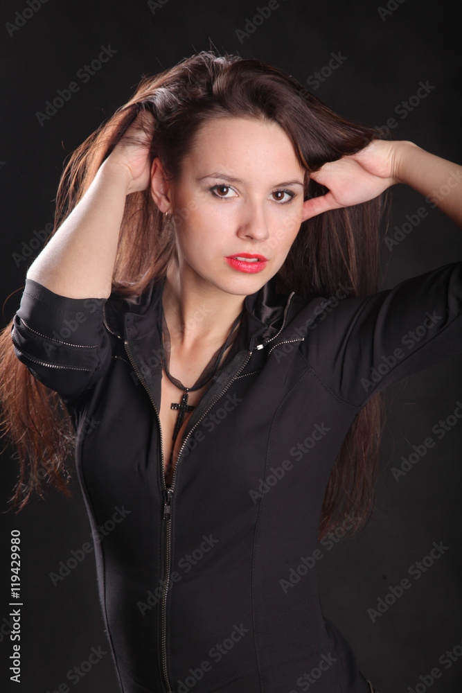 beautiful brunette in black jumpsuit beautiful brunette in black jumpsuit
