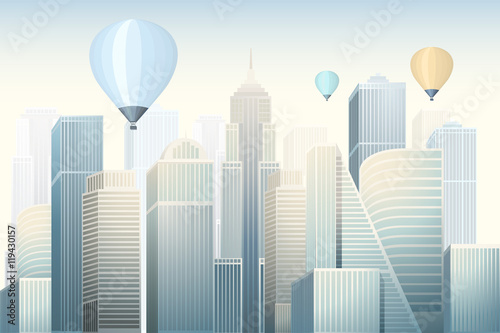 Modern skyscrapers with flying balloons in big city at the morning