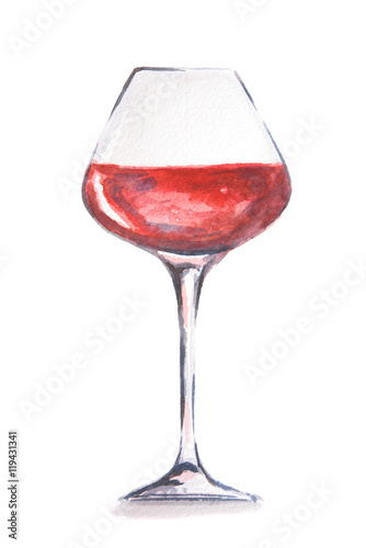 Watercolor red wine glass. Beautiful and elegant glass with alcoholic beverage. Art for menu decoration.
