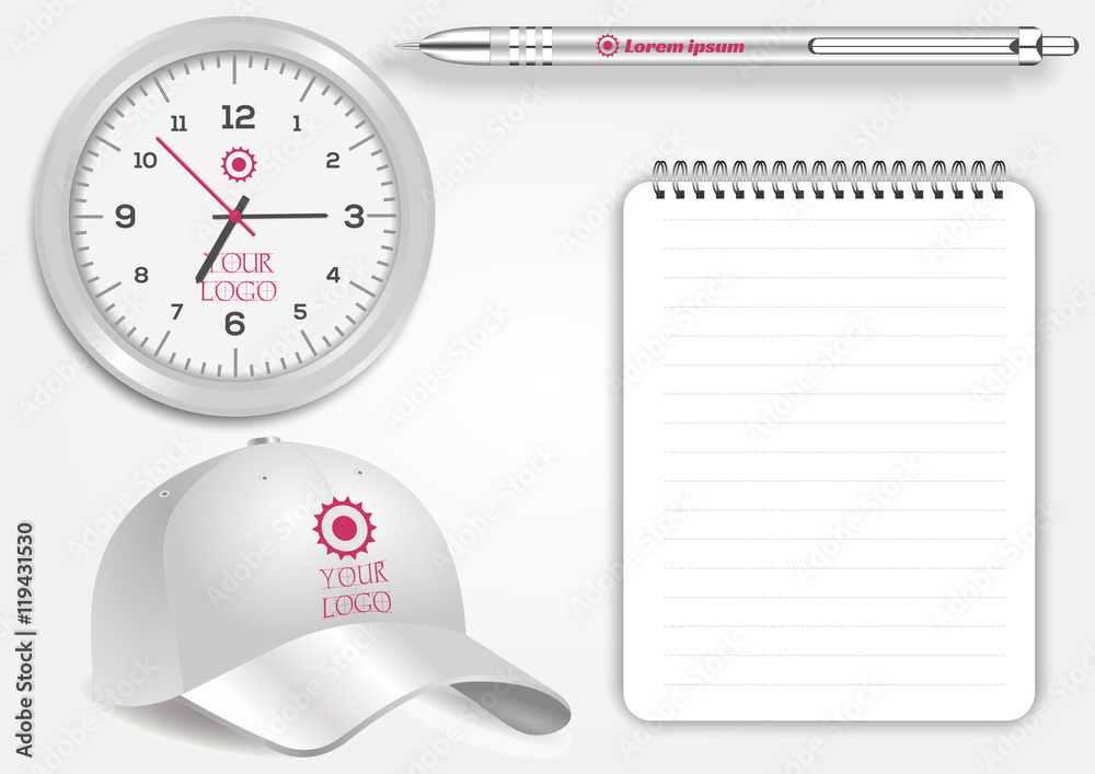 Blank realistic clock, baseball cap, spiral notepad notebook and white pen isolated on white vector. Display Mock up for corporate identity and promotion objects
