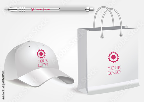 Blank realistic shopping bag, white pen and baseball cap isolated on white vector. Display Mock up for corporate identity and promotion objects